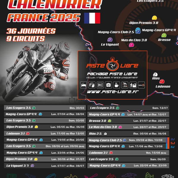 Calendrier des Journées de roulage organisées par Piste Libre